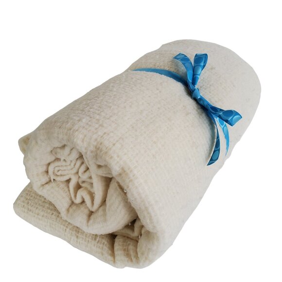 Vintage Acrylic Blanket Twin 66"x 86" Waffle Weave Ivory Satin Trim Reversible - Picture 2 of 8